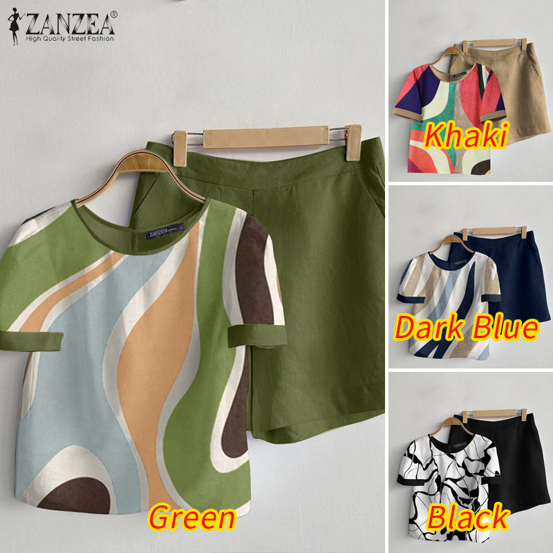 Zanzea ผู้หญิงเกาหลีหรูหราเรียบง่ายคอลูกเรือแขนสั้นเอวยางยืดเสื้อและกางเกงขาสั้น — صورة 3