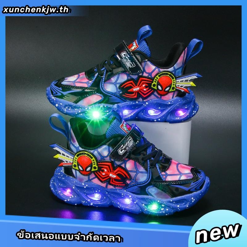 Reyno รองเท้าผ้าใบลําลอง มีไฟ Led ลายการ์ตูนสไปเดอร์แมน ระบายอากาศ เหมาะกับการวิ่ง เล่นกีฬา สําหรับเด็กผู้ชาย และเด็กผู้หญิง