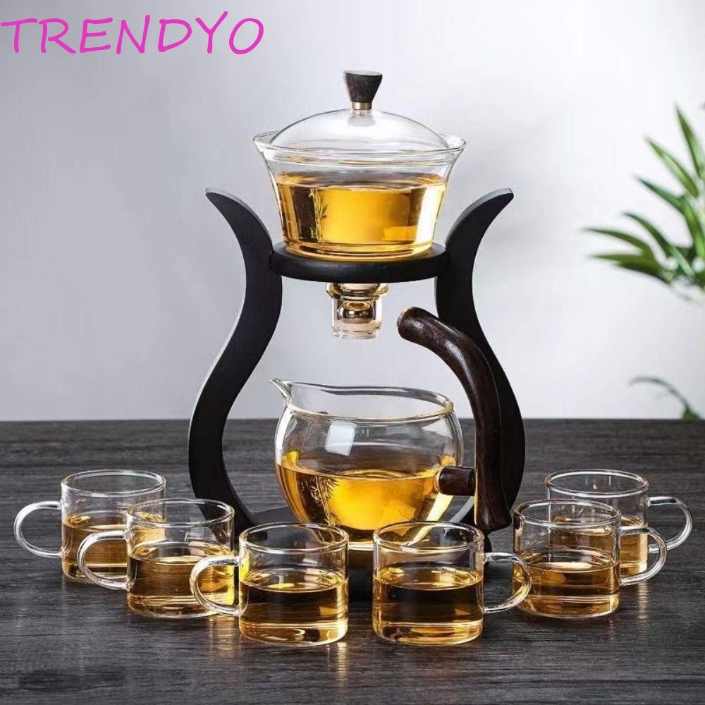 Trendyo Lazy Kungfu ชุดชา, Magnetic Water Diversion แก้ว Borosilicate สูงชุดกาน้ําชากึ่งอัตโนมัติ, ชามฝาครอบหมุนทนความร้อนพร้อมถ้วยชา 6 ชิ้นเครื่องชงชาครัว