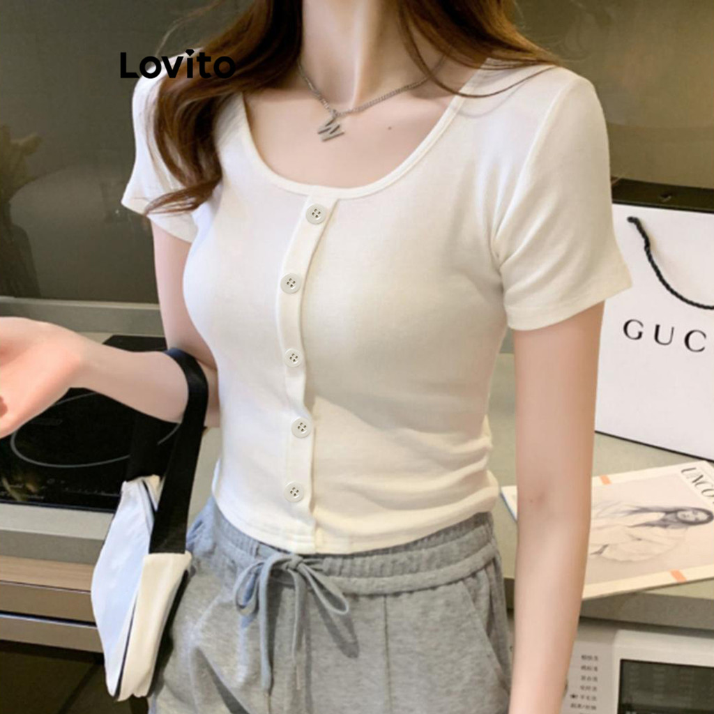 Lovito เสื้อยืดผู้หญิง แต่งกระดุม สีพื้น สไตล์ลำลอง LNE43012