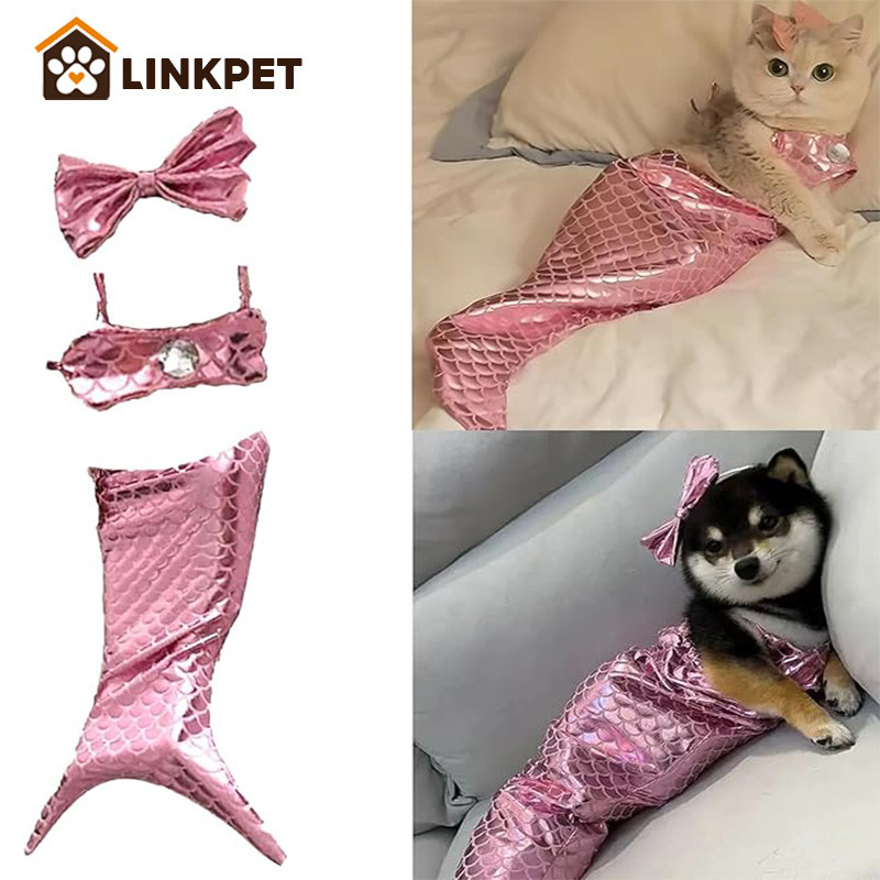 🔥ชุดแมว😺3pcs ชุดแมว ชุดแปลงร่างนางเงือกแมว เหมาะสำหรับ 2.5-6kg เสื้อผ้าน่ารัก หางปลา