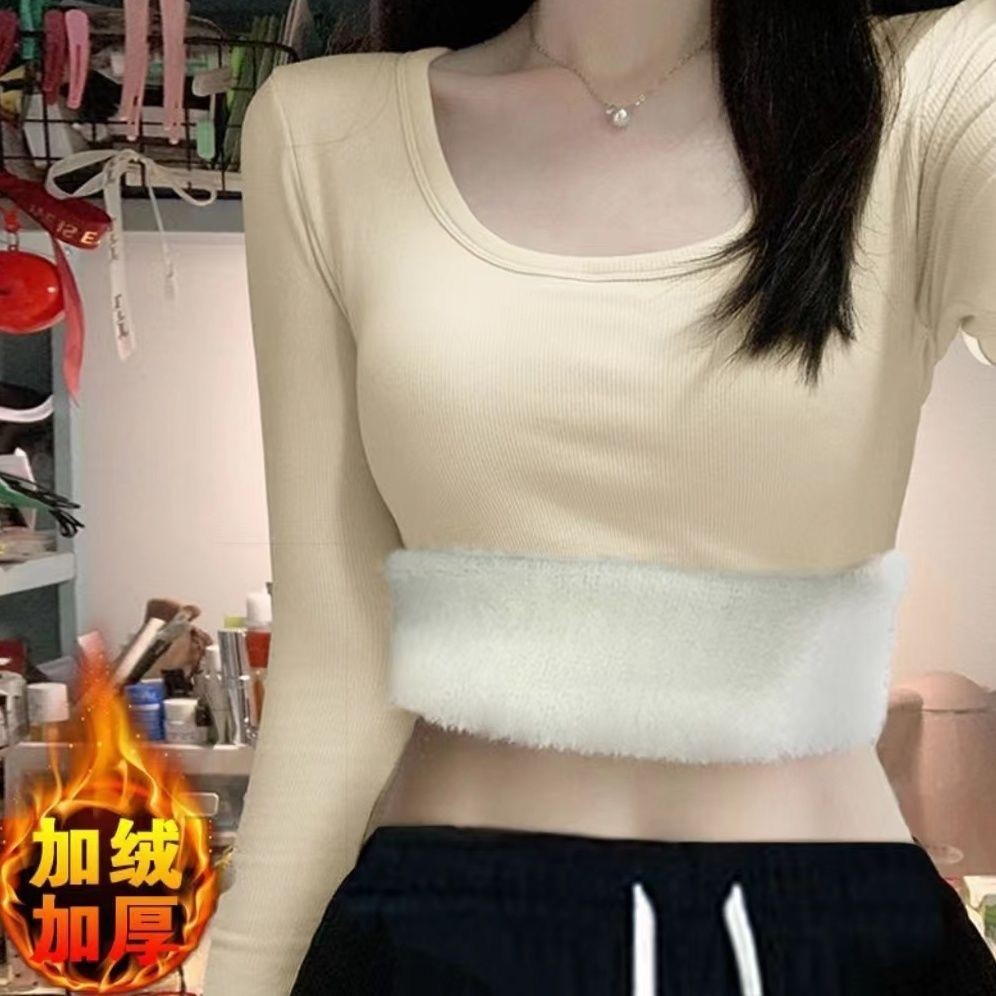 ขนแกะ-ขนแกะหนา จุดต่ําสุด เสื้อฤดูใบไม้ร่วงฤดูหนาวสวมใส่ภายในกํามะหยี่เยอรมันเก็บอบอุ่นด้านหน้าไหล่แขนยาวเสื้อยืดผู้หญิง บาง-ฉ