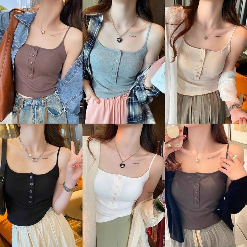 เสื้อสายเดี่ยว สายเดี่ยวผู้หญิง แนวน่ารัก แต่งกระดุม ใสสบาย ผ้านุ่ม