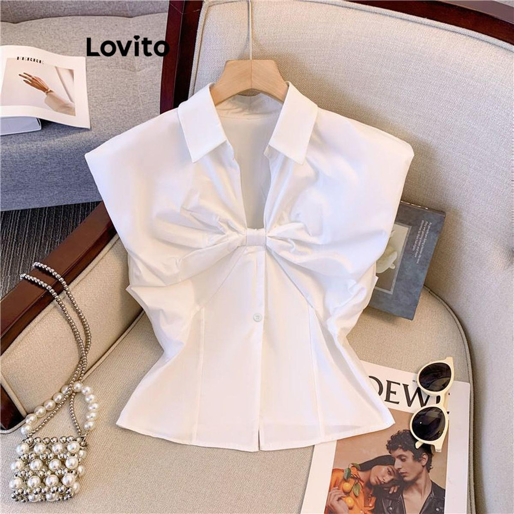 Lovito เสื้อเบลาส์ผู้หญิง ผูกหน้า สีพื้น สไตล์ลำลอง LNE69141
