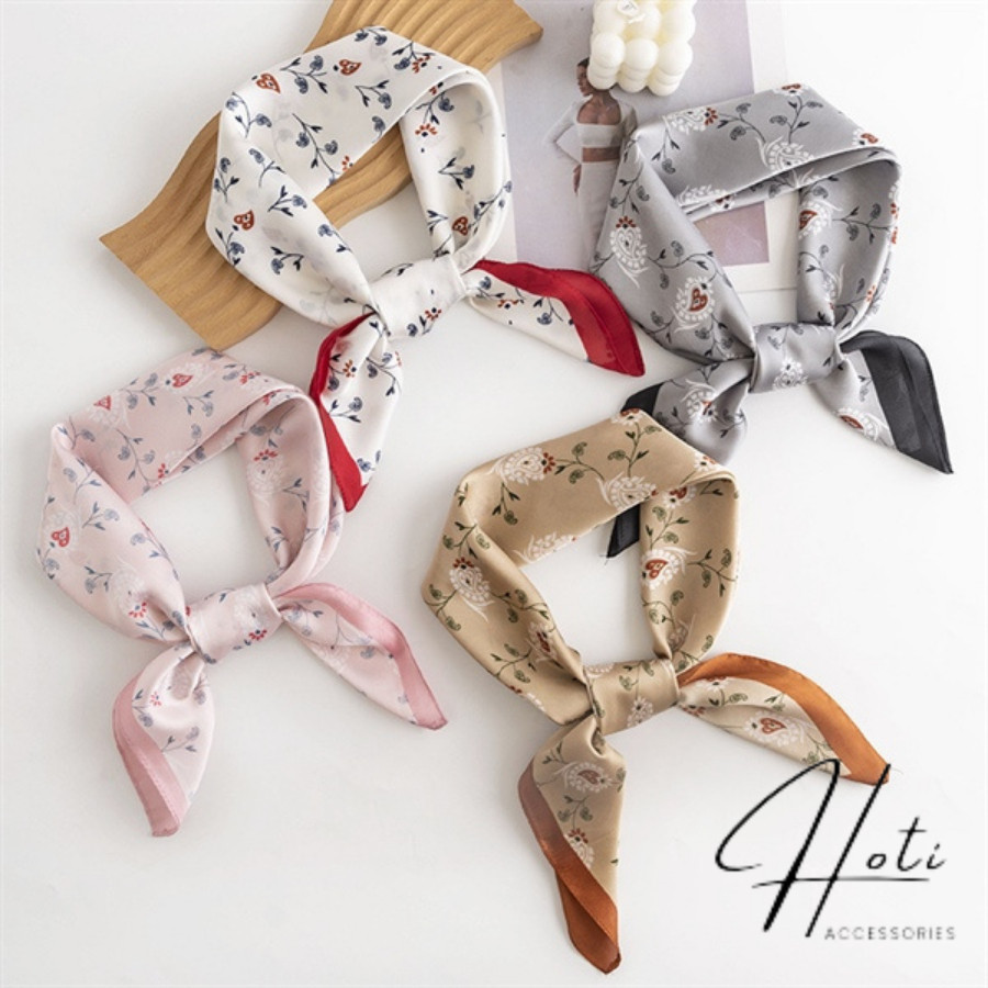 ผ้าพันคอไหมทรงสี่เหลี่ยม ผ้าพันคอผ้าโพกหัวลายตารางหมากรุกลายดอกไม้ ขนาด 70x70 ซม. Dynamic and Easy t