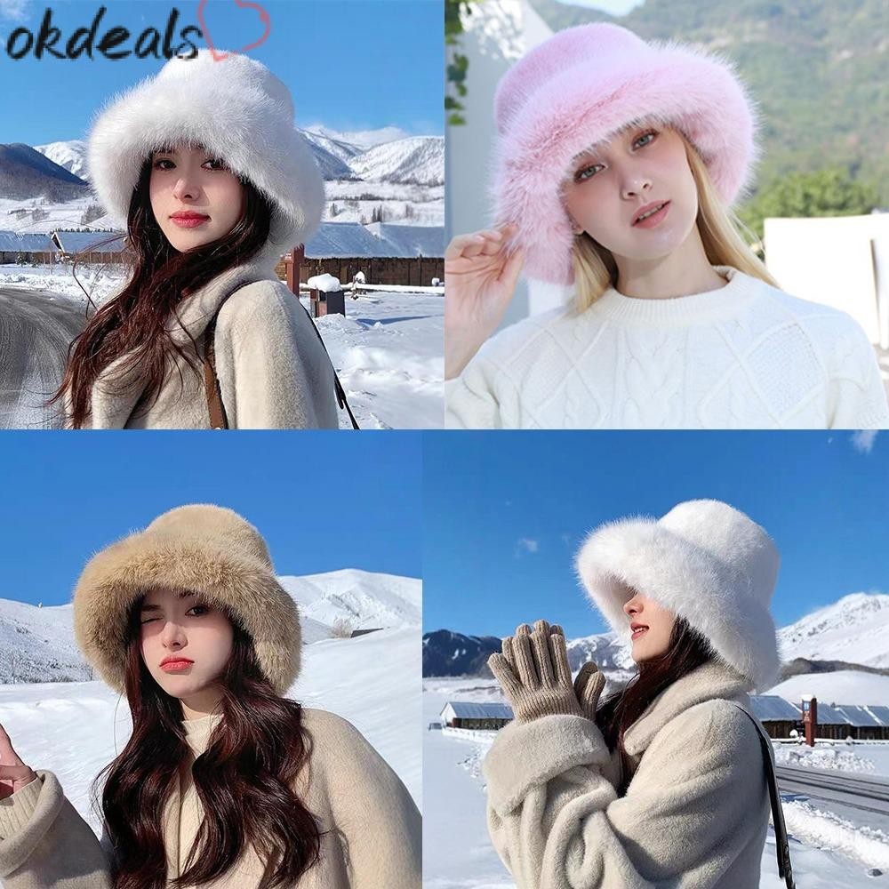 Okdeals ขนปุยหมวก, Snowy Day Thicken หมวกปานามา, ฝาครอบหัวหมวกอุ่นป้องกันหู Plush หมวกชาวประมงผู้หญิง