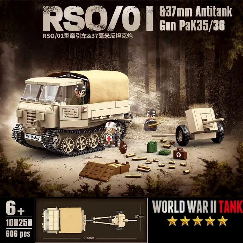 German Military Weapons ROS/01 Track Tractor 37mm Anti Tank Gun PaK35/36 Model Building Blocks Brick