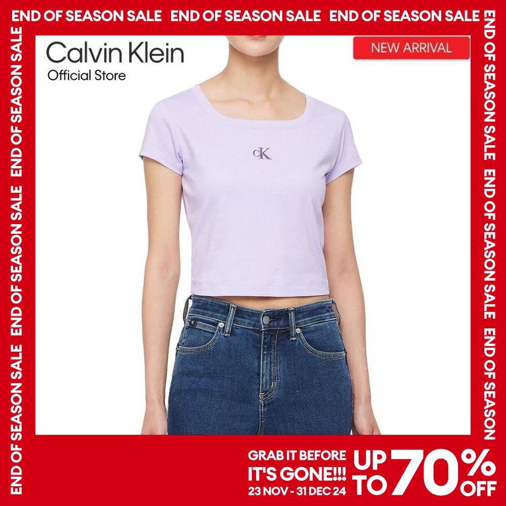 CALVIN KLEIN เสื้อยืดคอกลมผู้หญิง Cooling Logo Baby Tee ทรง Crop รุ่น J223905 VFR - สี Lavender