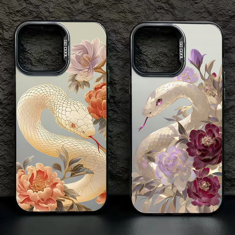 2025 งู Peony ดอกไม้สําหรับ iPhone 16 15 14 13 12 11 Pro Max XR X XS Max 7 8 Plus SE2 หรูหรา IMD ชุบโลหะกันกระแทก Hard ฝาหลัง