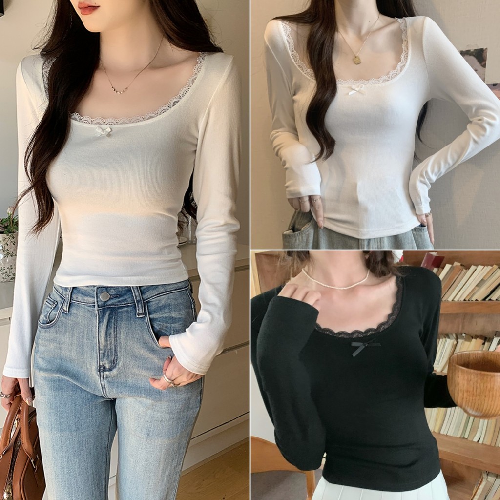 Betty house🌸พร้อมส่ง เสื้อยืดแขนยาวผู้หญิง เสื้อแฟชั่นผญๆ ขอบลูกไม้คอกลม เเต่งโบว์เพิ่มความน่ารัก
