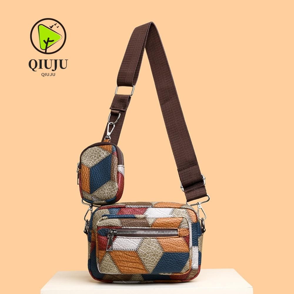 Qiju Patchwork Contrasting กระเป๋าสะพายไหล่, Bohemian Style Multi Layer Vintage Patchwork Cross-body Bag, Fashion Contrast Design Splicing Cross-body Bag