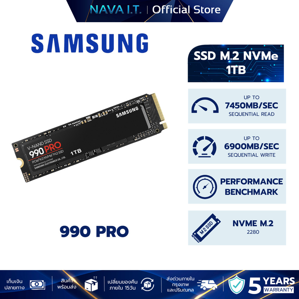SAMSUNG SSD 990 PRO PCIe4 NVMe M.2 7,450/6,900MB/s ความจุ 1TB (MZ-V9P1T0BW)