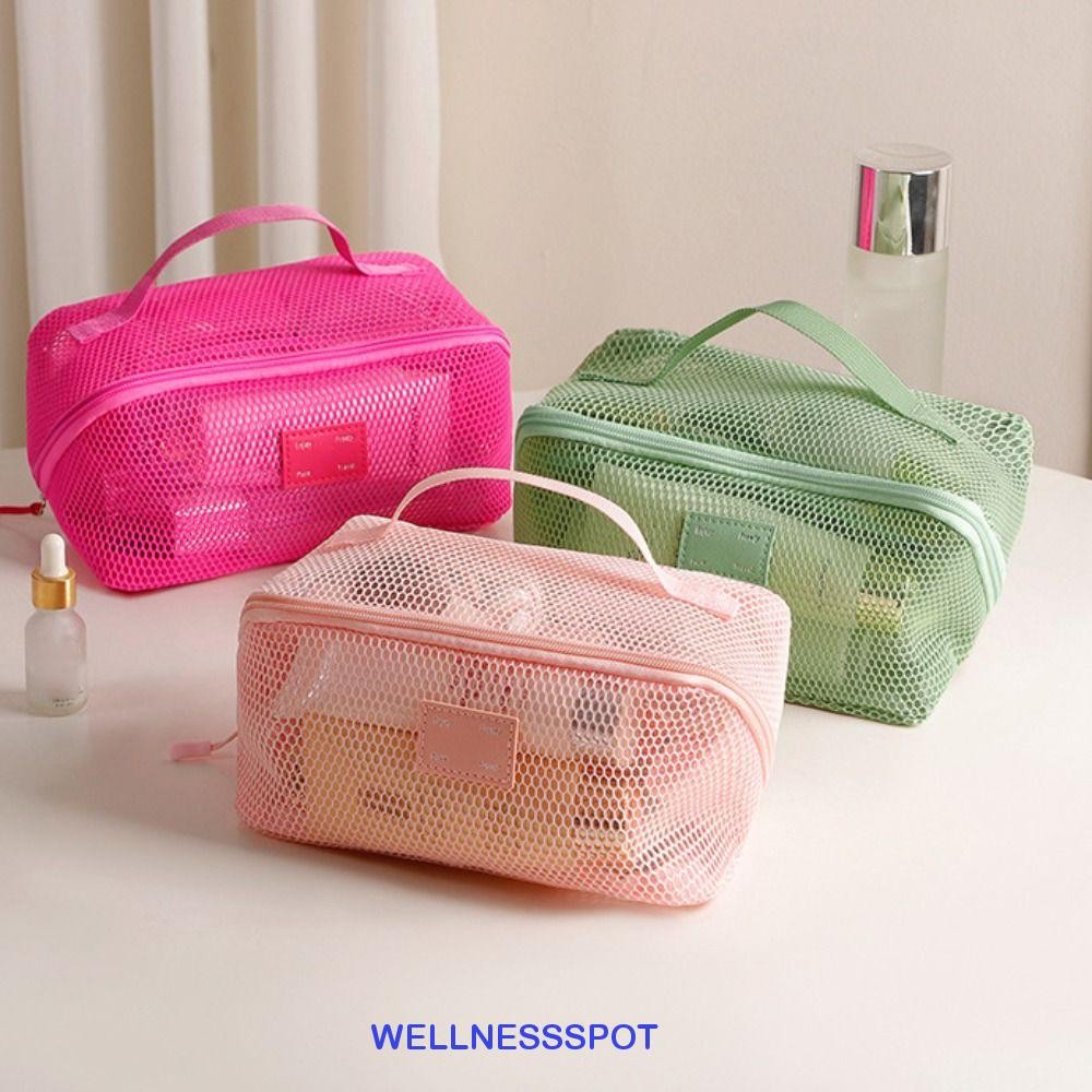 Wellnessspot กระเป๋าเครื่องสําอางตาข่าย, กระเป๋าแต่งหน้าซิปสีทึบ, สํานักงานจัดระเบียบเครื่องสําอางการมองเห็นโปร่งใสน้ําหนักเบาแฟชั่น