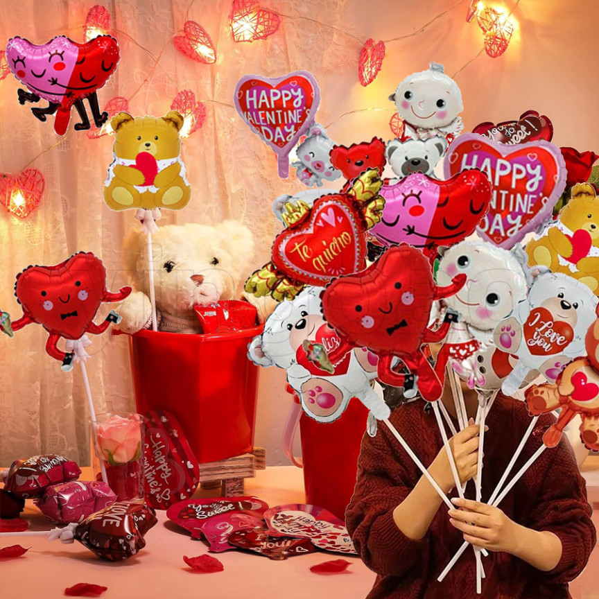 10ชิ้นมินิวันวาเลนไทน์บอลลูนหัวใจหมีฟอยล์บอลลูน10เซ็ต40เซนติเมตรเสาพลาสติกกอดหมี,หัวใจสีแดง,ฉันรักคุณโรแมนติกตกแต่ง,ตกแต่งพื้นหลังกลางคืนพิเศษเพื่อ