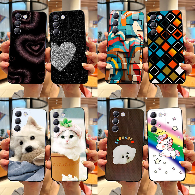 สําหรับ Vivo Y100 5G 4G / Y200e 5G กรณี Cool heart พิมพ์สีดํา Matte Soft ซิลิโคนฝาครอบป้องกันสําหรับ