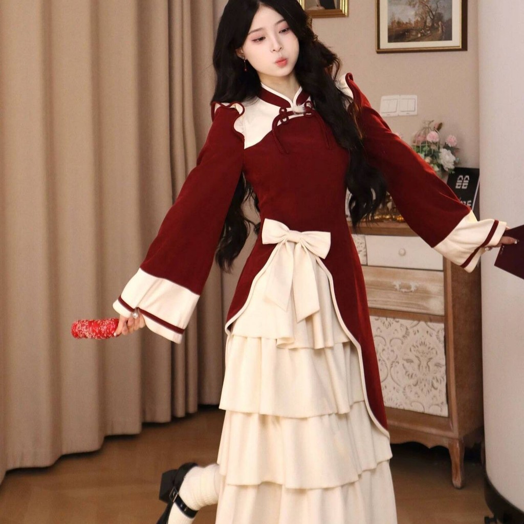 สไตล์กระโหลกฤดูหนาวเกาหลีรุ่นแฟชั่น Classy เค้กปุยหนา Bottoming กระโปรง High-End Contrast สีชุดหญิง 12.291