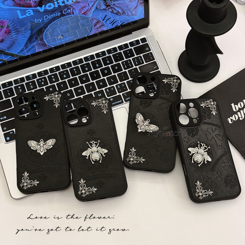 3D โลหะ Rivets ผีเสื้อ Bees หนังสําหรับ iPhone 17 Pro Max 16 15 14 13 12 11 Pro Max Emboss ออกแบบ Full Coverage เลนส์ป้องกันการออกแบบรู Anti Falling ฝาครอบ