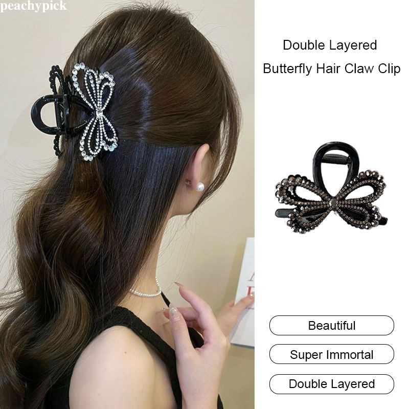 peachypickDouble Layered Butterfly Hair Claw Clip High-end Small Hairpin Full Diamond Shark Clip