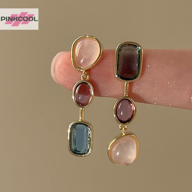 PINKCOOL ไม่สมมาตรต่างหูอัญมณีที่มีสีสันสําหรับผู้หญิงเข็มเงินขนาดกลางโบราณ Contrast ต่างหูการออกแบบ Sense HOT