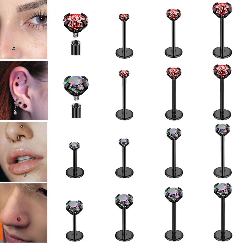 1 PC สแตนเลส Labret Lip Stud เจาะ 16G/18G จมูกเจาะ 2/3/4 มม.คริสตัล Lip Stud 5/7/8/10 มม.ด้ายภายใน Helix Conch กระดูกอ่อนเจาะต่างหูสีดําสีแดง