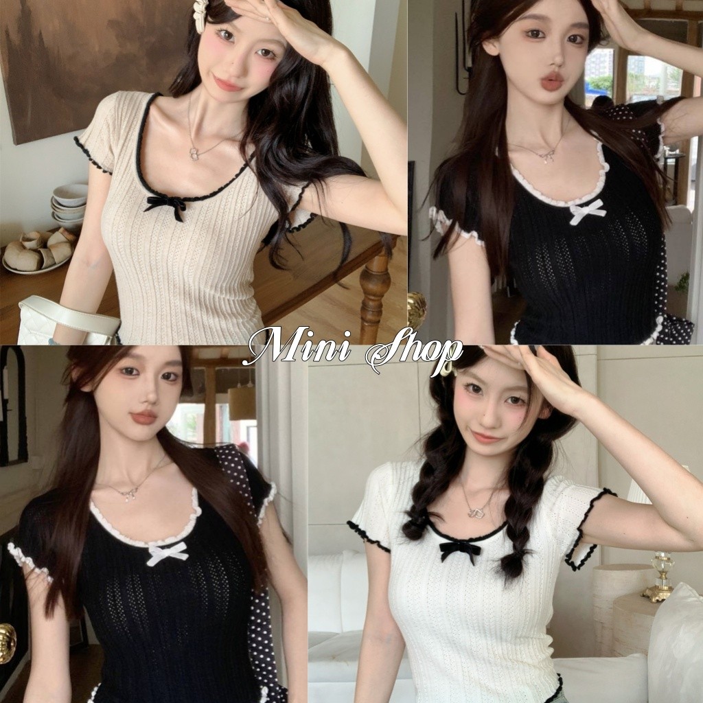 Mini shop🌸พร้อมส่ง🌸 เสื้อไหมพรมแขนสั้น คอกลม ดีเทลขอบหยัก ติดโบว์ ใส่สบาย สไตล์ลำลอง(W044)