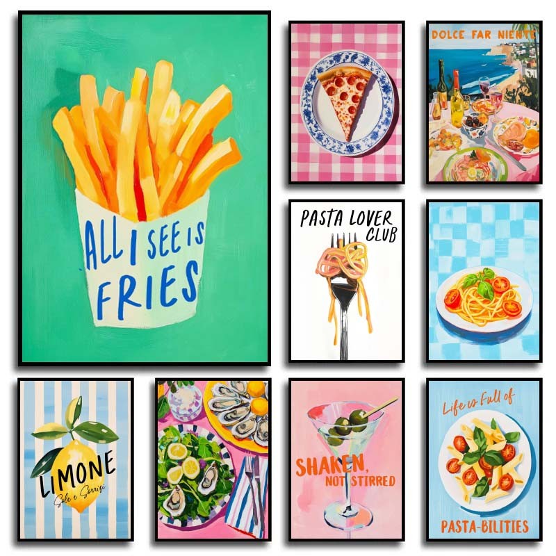 อาหารไวน์ผลไม้โปสเตอร์ภาพวาดผ้าใบพิซซ่าพาสต้าอะโวคาโดซูชิภาพผนังศิลปะสําหรับตกแต่งบ้านห้องครัวไม่มีกรอบ