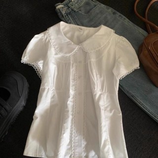 Mona~ลูกไม้ สีทึบ ประกบ แขนสั้น เสื้อเชิ้ต สไตล์ใหม่