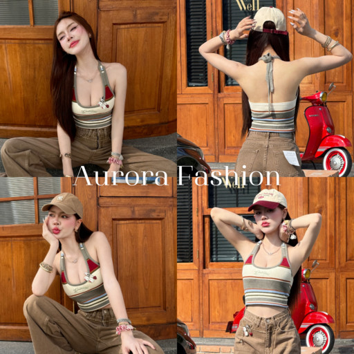Aurora🛒พร้อมส่ง🚚 (รูปถ่ายจากงานจริง) เสื้อคล้องคอไหมพรม ลายทางสีเขียว เว้าหลังเกาหลีเกาใจ