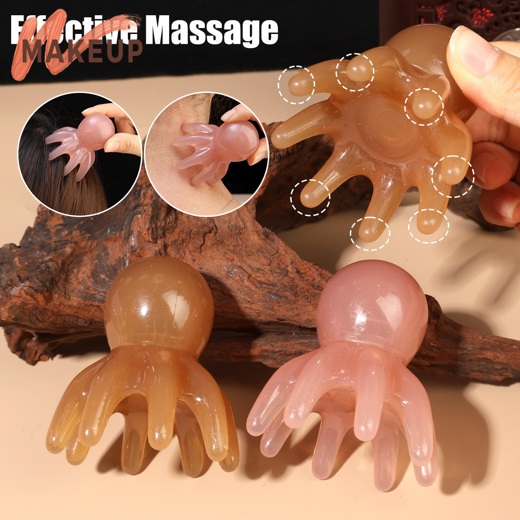 [ความงาม]1/2ชิ้น-เครื่องนวดหัวปลาหมึกยักษ์แบบพกพา7ซม.,หวีกดจุดเรซินธรรมชาติเพื่อบรรเทาความตึงเครียด2สี(สีแทน/อําพัน) การออกแบบผิวกระ