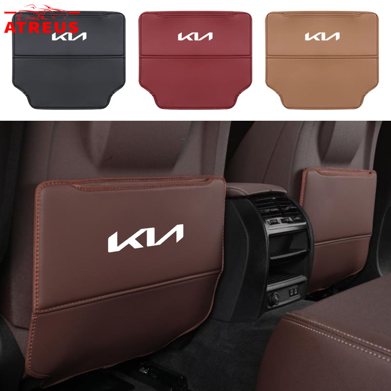 1ชิ้น KIA แผ่นเตะเบาะรถยนต์ เบาะหลังเตะ แผ่นหนัง PU ป้องกันการเตะ แผ่นป้องกัน พร้อมถุงเก็บของ สำหรับ KIA EV5 EV9 Seltos Grand Carnival Soul EV Picanto EV6 GT K5 Cerato