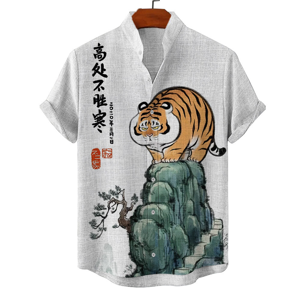 ฮาวายชายเสื้อออกแบบฤดูร้อน 3ง วันหยุดสัตว์เสือพิมพ์เสื้อฮาวายลําลองแขนสั้นดอกไม้แฟชั่นวินเทจ