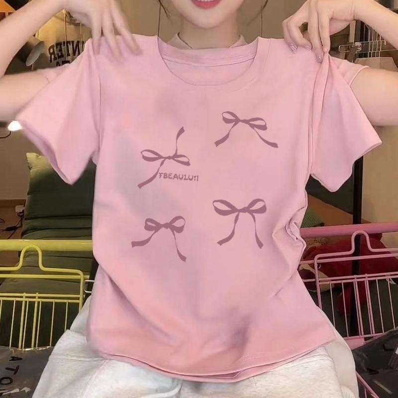 เสื้อยืดแขนสั้นโบว์สีชมพูสไตล์ใหม่สำหรับผู้หญิงฤดูร้อนสไตล์เกาหลีน่ารักและเซ็กซี่สั้นสลิมฟิตและสวยงามเสื้อยืดรัดรูปสาวอว