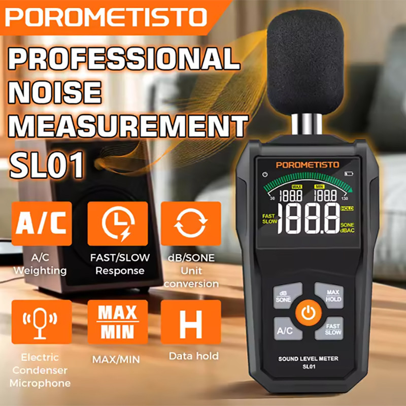 POROMETISTO  Digital Sound Level Meter  SL01 Decibel Monitor High Sensitivity  30~130dB Audio Noise Meter with LCD Display A/C Weighted for Home