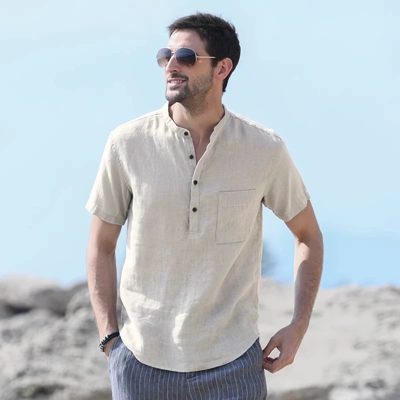 เอร์เชนชิ ฤดูร้อนใหม่ผ้าฝ้ายและผ้าลินินแขนสั้นผู้ชายเสื้อยืดยืนปกหัวเข็มขัดที่เรียบง่ายเสื้อแขนสั้น - รูปที่ 2