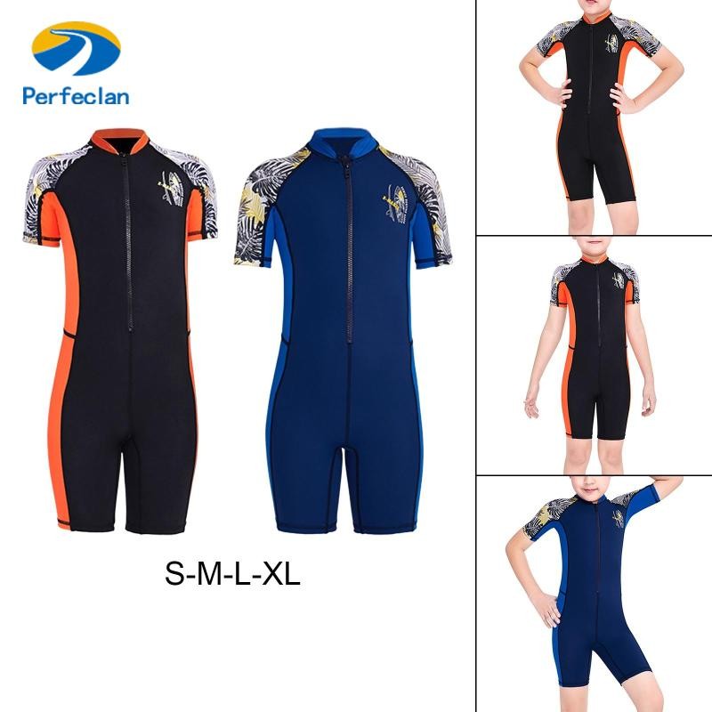 Perfeclan Wetsuit ชุดว่ายน้ํา Surf ชุดว่ายน้ําซิปป้องกันเสื้อผ้าแขนสั้นสําหรับท่องว่ายน้ําเด็กเด็ก