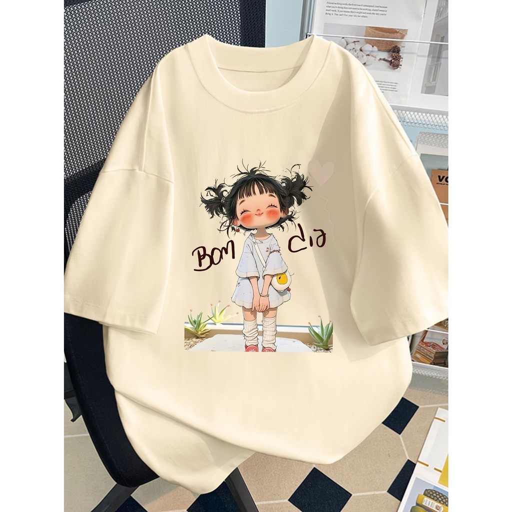 ผู้หญิง y2k การ์ตูนพิมพ์เสื้อยืดแขนสั้น-krew Neckline Top แฟชั่นเสื้อยืดลําลองหลวมเสื้อยืดผู้หญิง