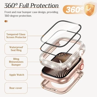 Bling แก้ว + ฝาครอบเพชร PC กันชน + หน้าจอสําหรับ Apple Watch 45 มม.44/40 41 มม.Iwatch Series 10 46 มม.42/9 8 7 5 6
