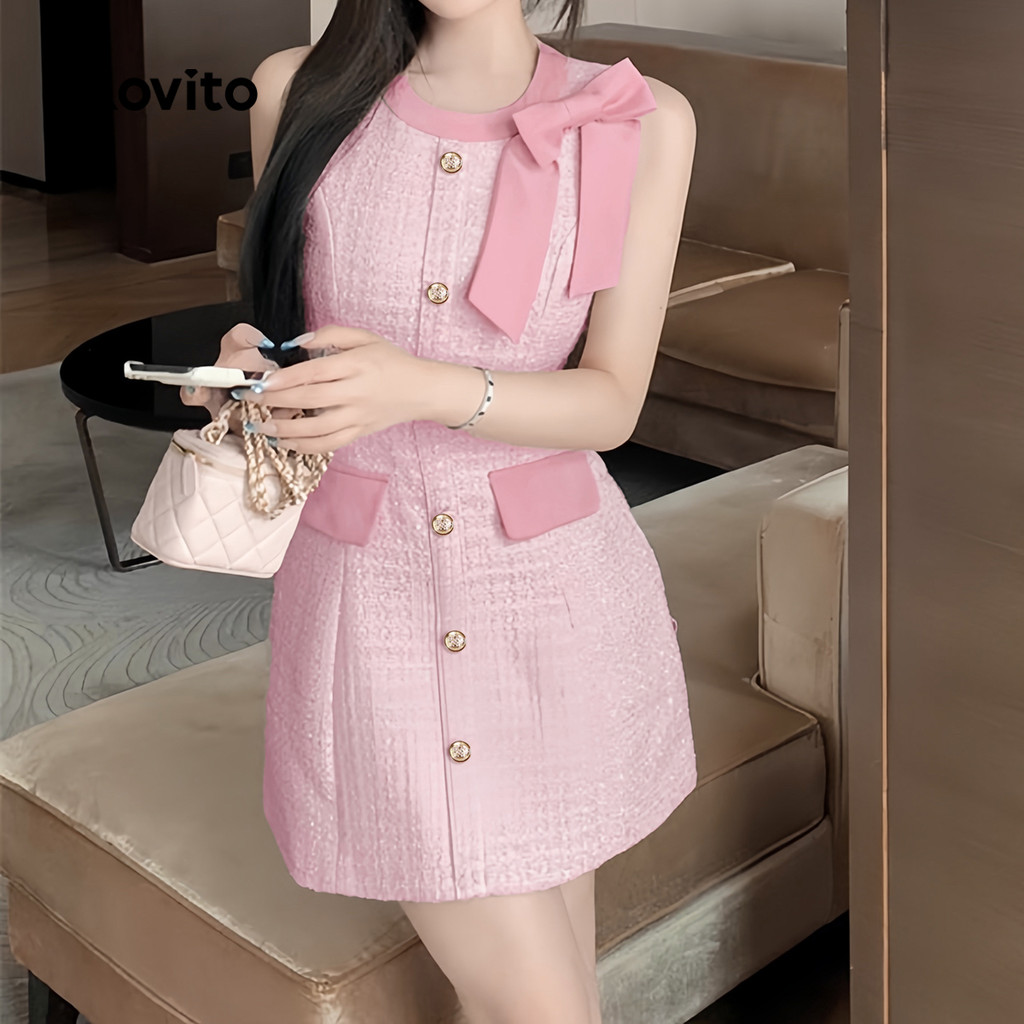 (แคชชวล) Lovito ชุดเดรสโบว์ด้านหน้าติดกระดุมสีธรรมดาสําหรับผู้หญิง L132ED695