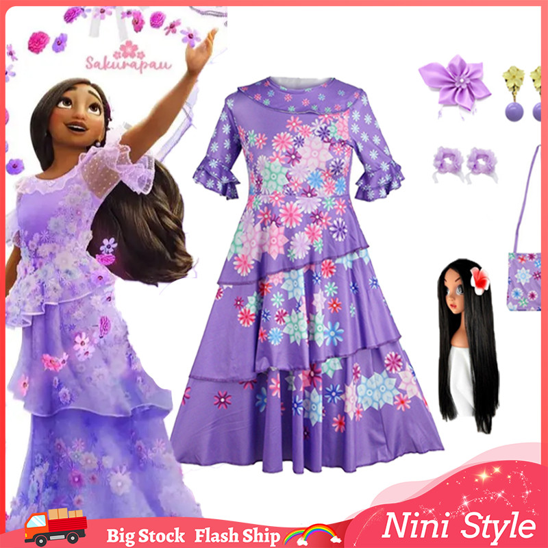 Disney Encanto Isabella Madrigal คอสเพลย์เครื่องแต่งกายสําหรับผู้ใหญ่ผู้หญิงดอกไม้สีม่วงพิมพ์เจ้าหญิ