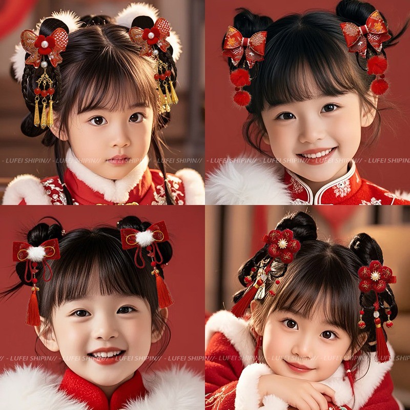 เกาหลีพู่ด้านข้างกิ๊บสีแดงเทศกาลเด็กกิ๊บเครื่องประดับแฟชั่น