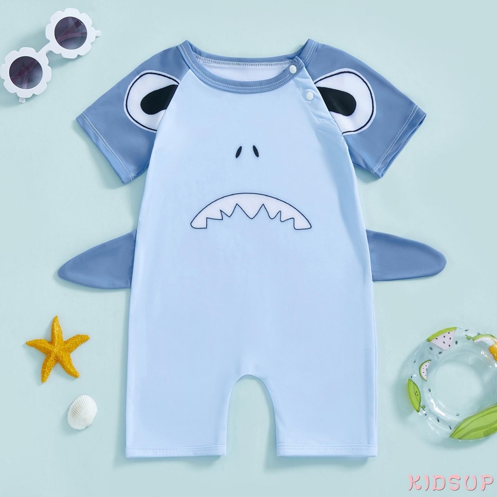 Kidsup1-toddler Boy Shark ชุดว่ายน้ําแขนสั้น Snap-up ไหล่ Non-Pilling Rash Guard ชุดว่ายน้ํา