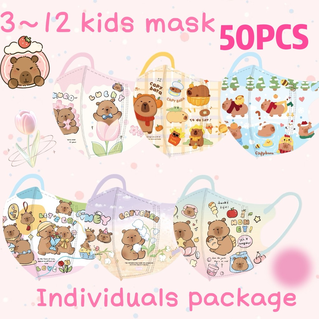 บรรจุภัณฑ์อิสระ 50 ชิ้น 3-12age 3D หน้ากากเด็กการ์ตูน Capybara พิมพ์หน้ากากเด็กน่ารัก Capybara หน้ากากเด็ก