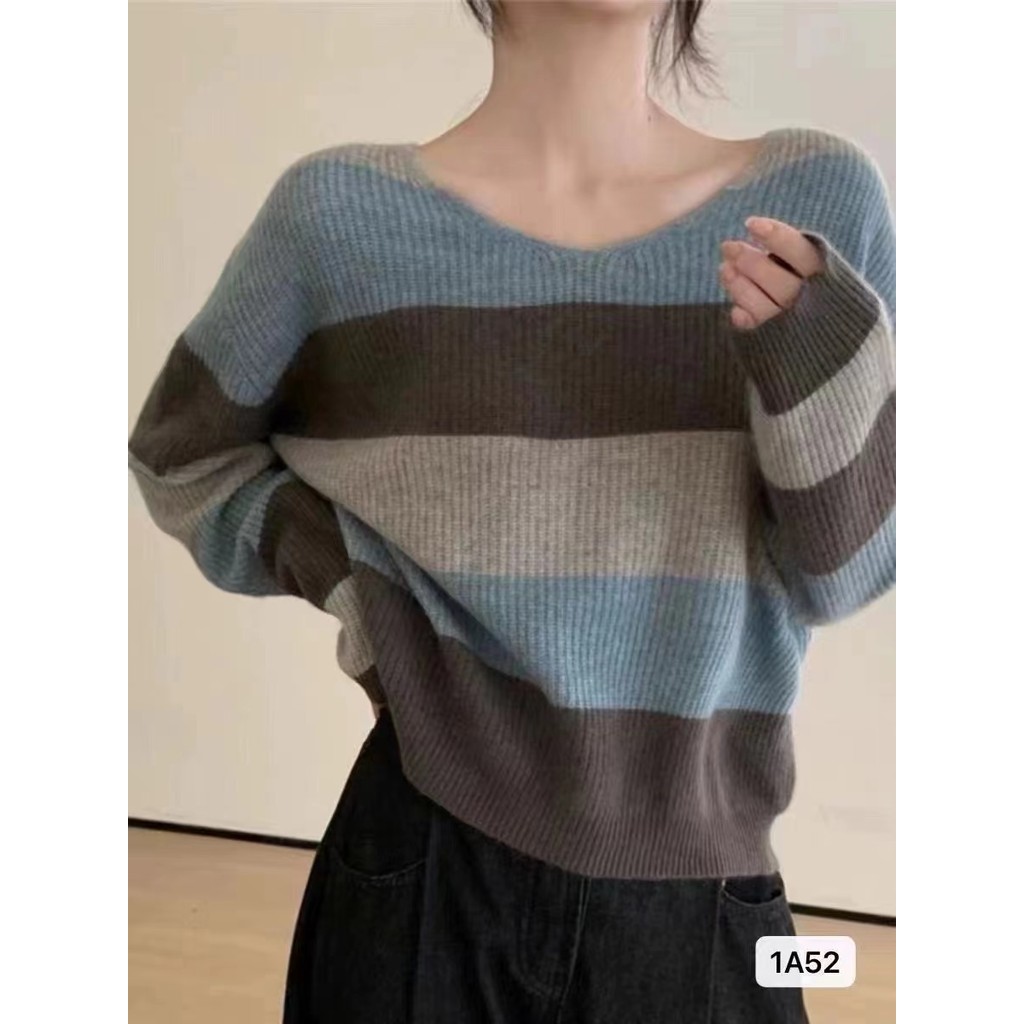 เสื้อแขนยาวทรงหลวมลายทางคอวีสีตัดกันสไตล์เกาหลีแบบใหม่ฤดูใบไม้ร่วงและฤดูหนาวสไตล์เกาหลีทงแดมุน5ukf