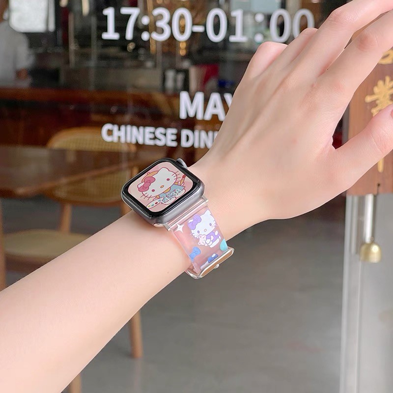 สายนาฬิกาลายแมว kt สีชมพูไล่ระดับสีสําหรับ Apple Watch Ultra 8 7 49 มม. 45 มม. 40 มม. 41 มม. 44 มม. IWatch Series SE 6 5 4 3 2 1 tpu ซิลิโคนอ่อนนุ่ม