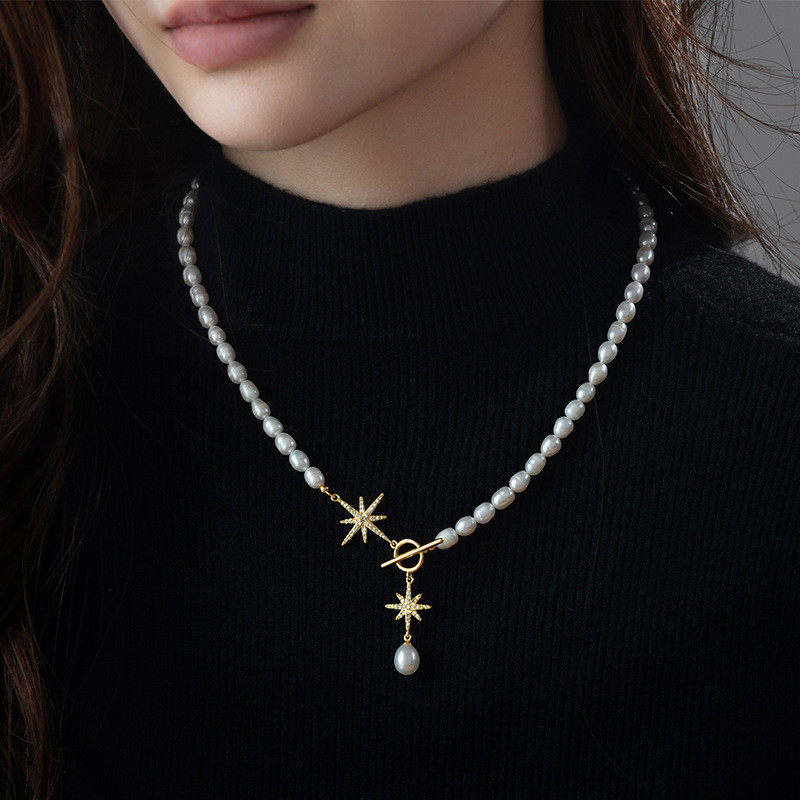 5-6มม.ไข่มุกน้ําจืดธรรมชาติแปดเหลี่ยมดาวotหัวเข็มขัดจี้สร้อยคอ