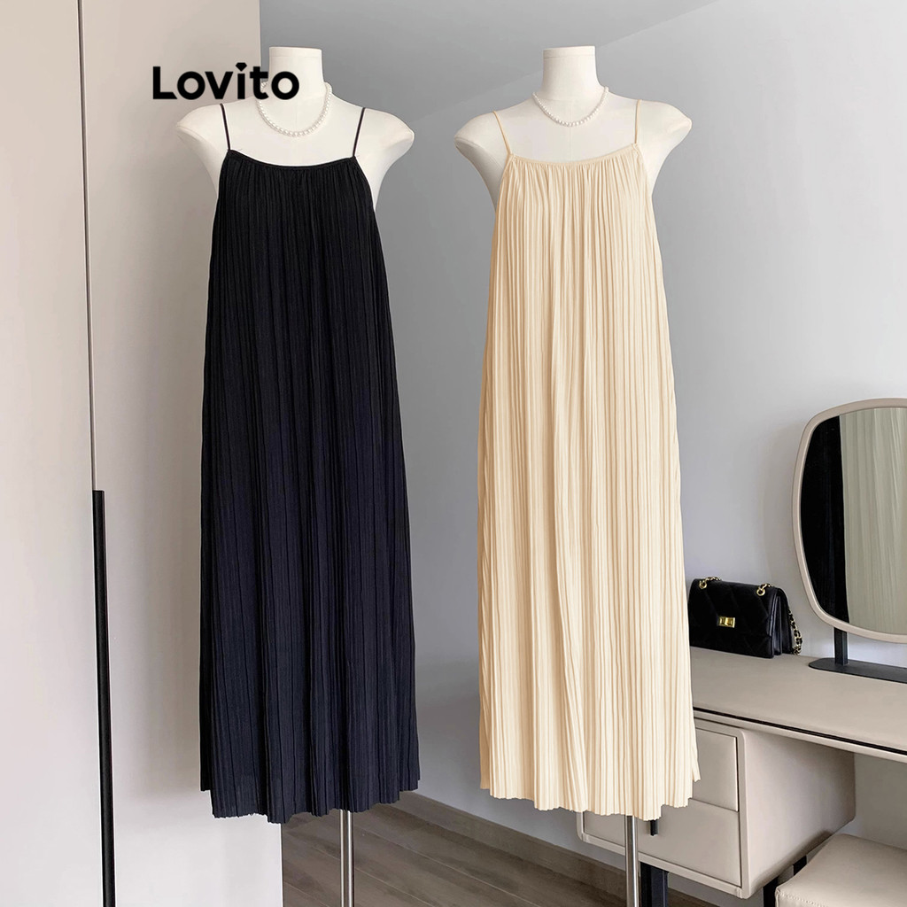Lovito ชุดเดรสผู้หญิง แต่งจีบย่น สีพื้น สไตล์ลำลอง LNE27240 (หลากสี)