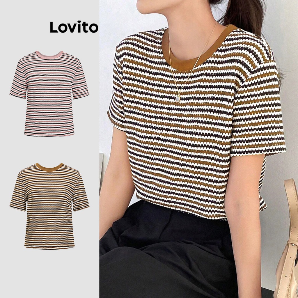 Lovito เสื้อยืดผู้หญิง ลายทาง เย็บจับจีบ สไตล์ลำลอง L89ED062(หลากสี)