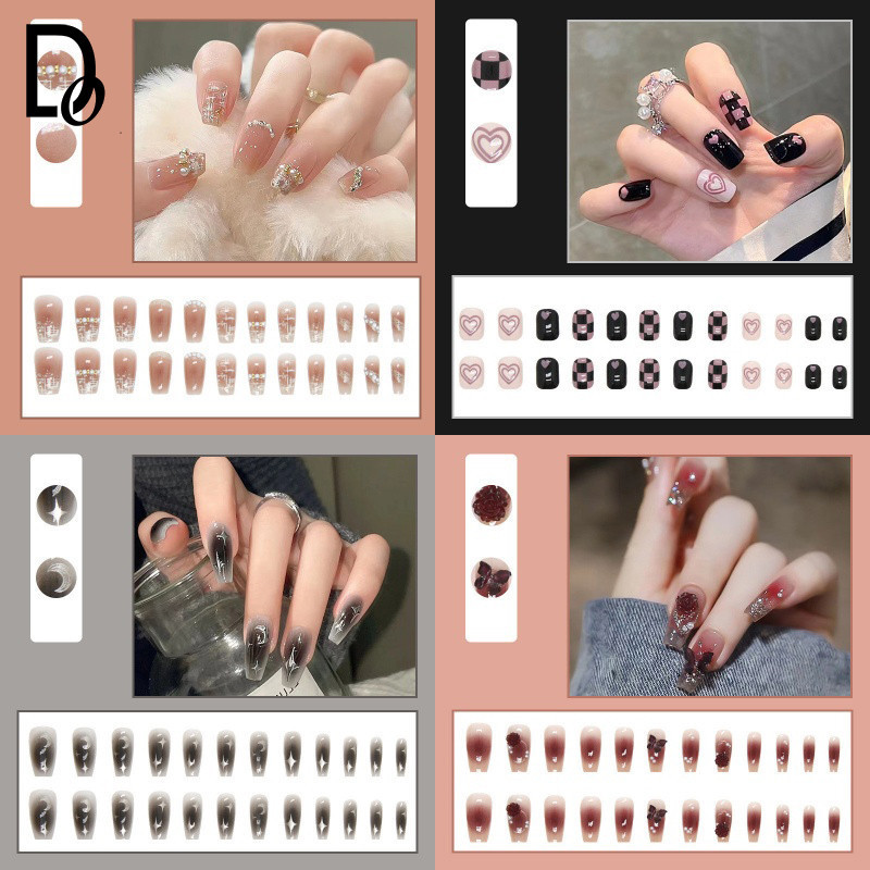 Dincior ใหม่ 24 ชิ้นพร้อมกาวเล็บปลอมพร้อมการออกแบบเล็บปลอมสวมใส่กดบนเล็บสไตล์สีแดงเล็บปลอม