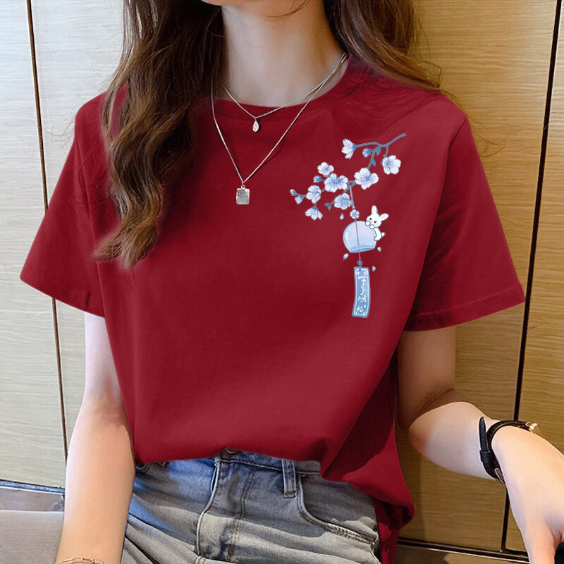 大码松新年上衣女 ทีเสื้อ สําหรับผู้หญิง ฤดูร้อนท็อปส์สําหรับผู้หญิงคอกลมผู้หญิงเสื้อผ้า แขนสั้นขนาดบวกทีเสื้อผู้หญิ