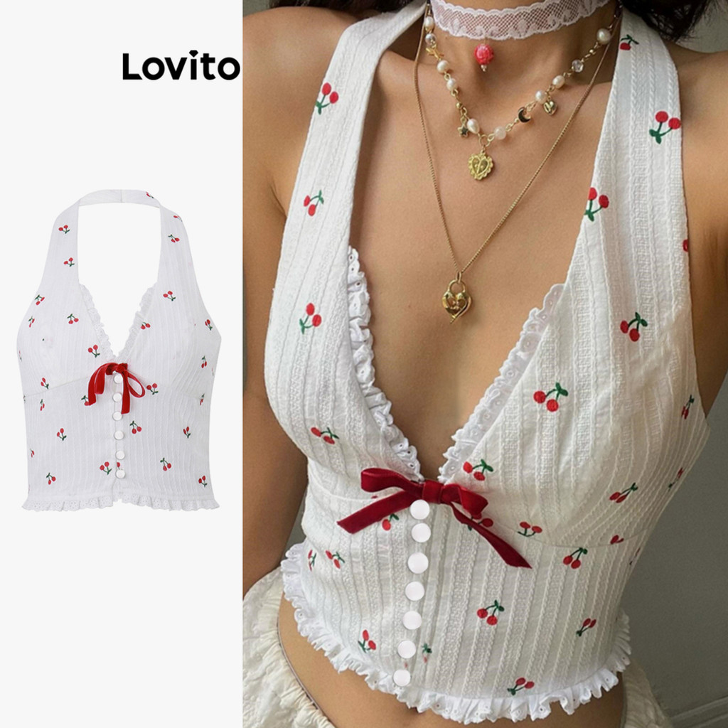 Lovito เสื้อคล้องคอผู้หญิง ลายดอกไม้ สไตล์เซ็กซี่ LNE70697